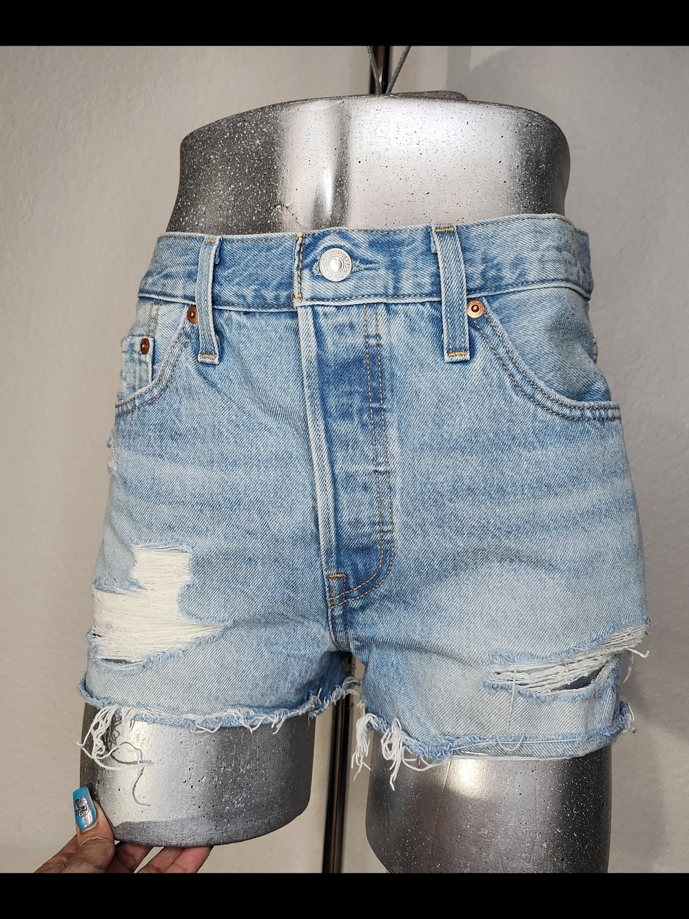 Levi 501 Light Blue Distressed High-Rise Denim Shorts for Women